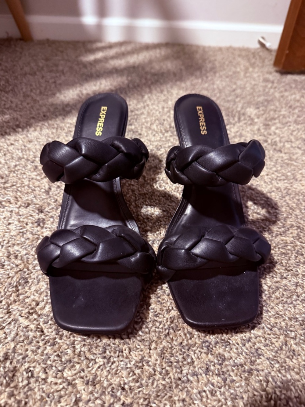 Express Black Braided Double-Strap Slide Heels